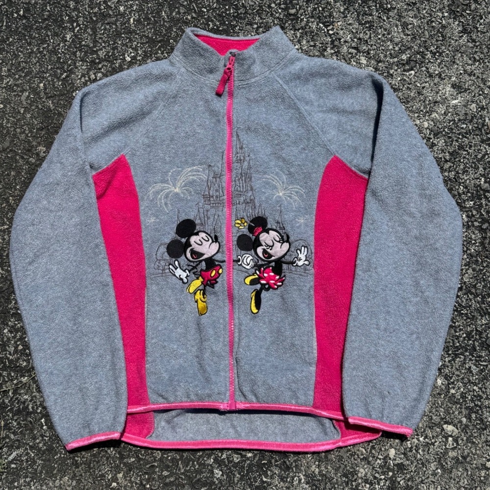 Disney Parks Mickey Minnie‎ Mouse Gray Pink Fleece Zip Jacket Kids Large L 12A